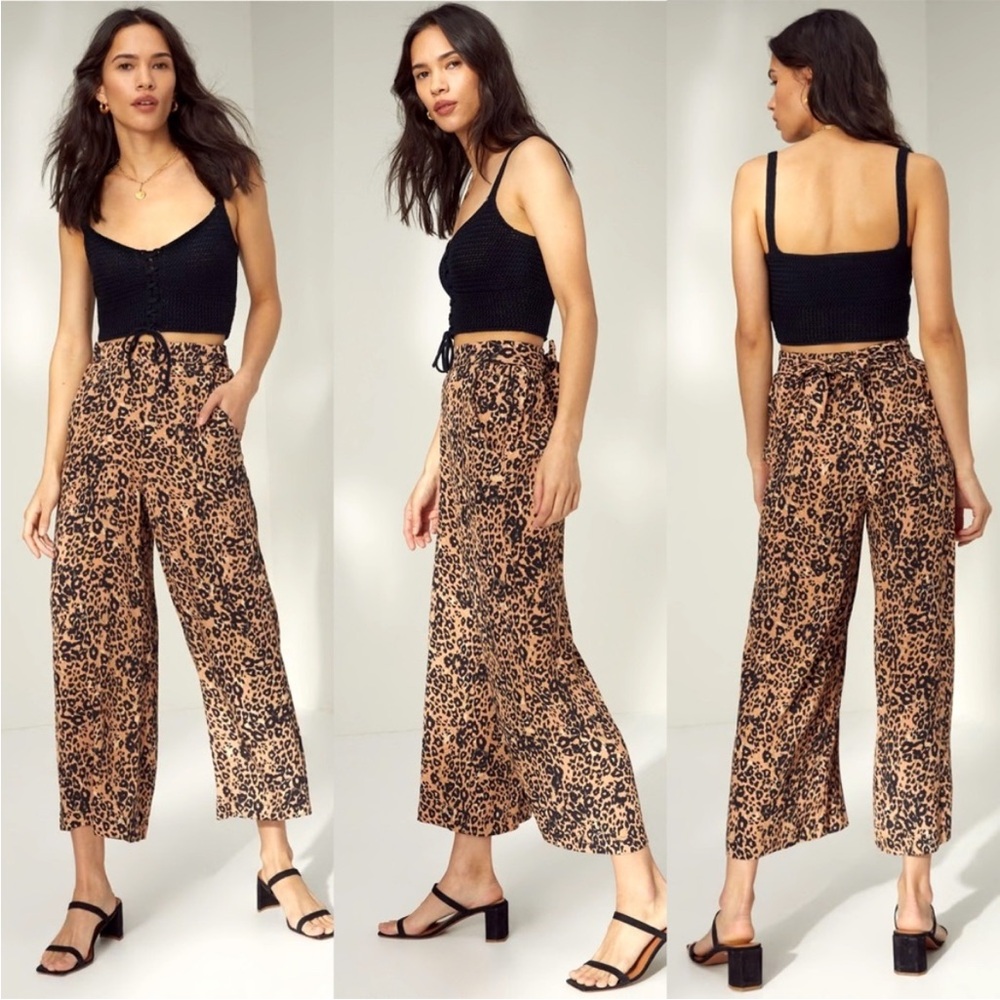 Aritzia Wilfred Faun Animal Print Wide Leg Tie Front Pants